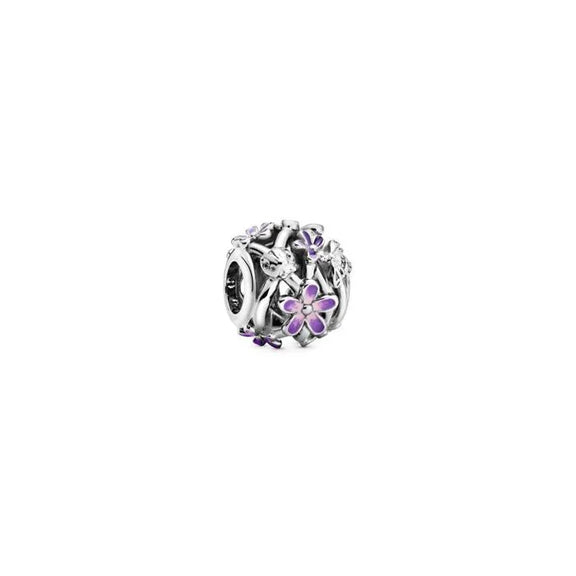 Openwork Purple Daisy Charm - Openwork charm featuring purple daisies, brings a whimsical floral design to charm bracelets