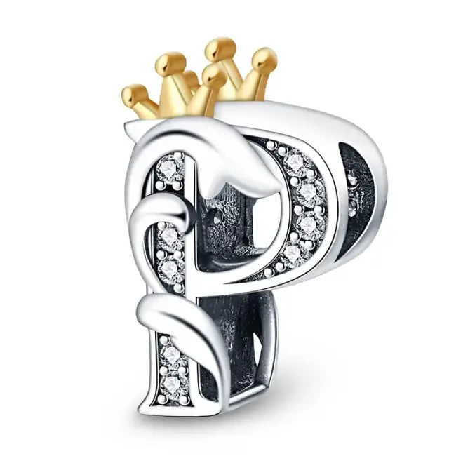 P Silver charm letter with gold Crown for pandora bracelets