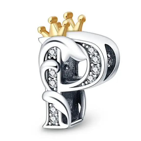 P Letter Gold Crown charm letter - P Silver charm letter with gold Crown for pandora bracelets