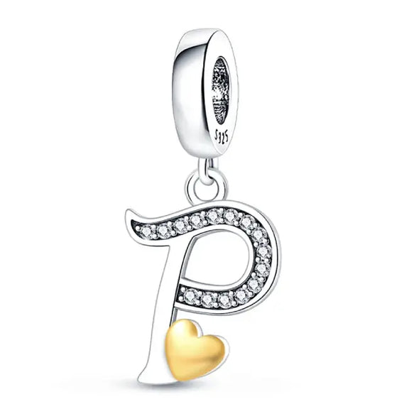 Silver letter P charm Gold heart - italic Letter P Charm