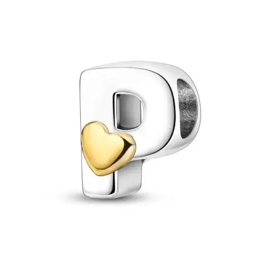 P Silver charm letter with gold heart for pandora bracelets