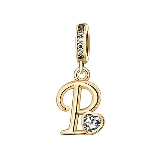 Gold P Letter Charm with pendant crystal Heart