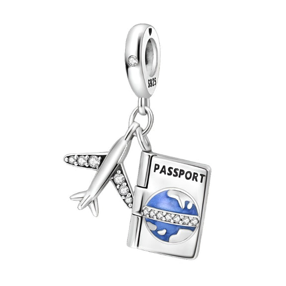 Sterling Silver Travel Charm with Passport and Airplane for Pandora Bracelets - Sterling silver travel charm with a passport and airplane, adorned with blue enamel.