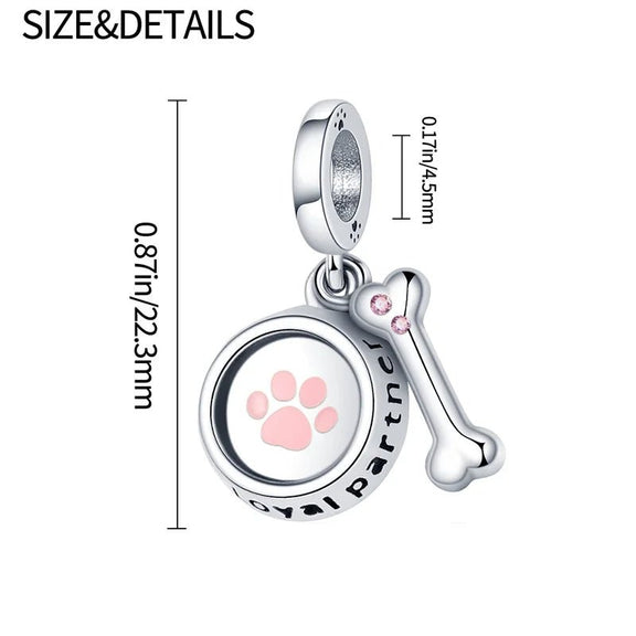 Sterling Silver Loyal Partner Dog Charm with Bone for Pandora Bracelets - Sterling silver charm with a paw print and bone, inscribed with "loyal partner," designed for Pandora bracelets.