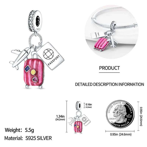 Plane, Passport and Pink Suitcase Triple Dangle Charm - Sterling silver bracelet charm with travel essentials: suitcase, passport, and airplane.