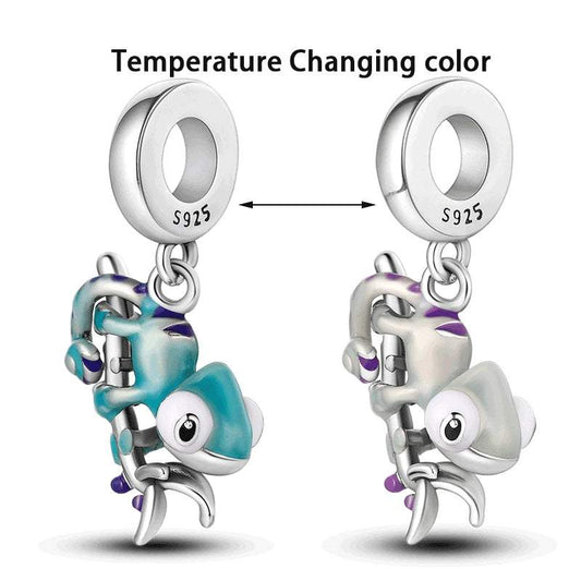 Sterling silver chameleon charm that changes color with temperature, fitting Pandora bracelets.