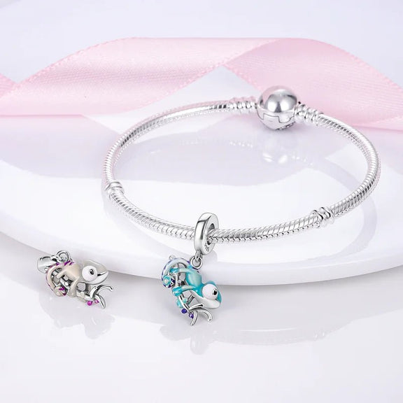 Sterling Silver Temperature Changing Color Chameleon Charm for Pandora Bracelets - Unique chameleon charm in sterling silver with temperature-sensitive color change, compatible with Pandora charms.