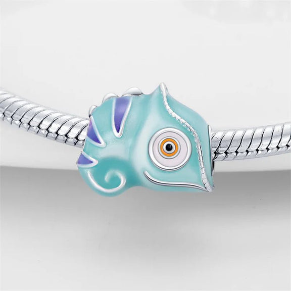 Sterling Silver Enamel Chameleon Charm for Pandora Bracelets - Enamel chameleon charm in sterling silver featuband vibrant turquoise and purple colors.