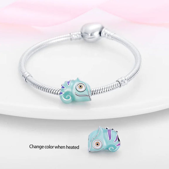 Sterling Silver Enamel Chameleon Charm for Pandora Bracelets - Colorful chameleon charm in sterling silver with intricate enamel work, compatible with Pandora bracelets.