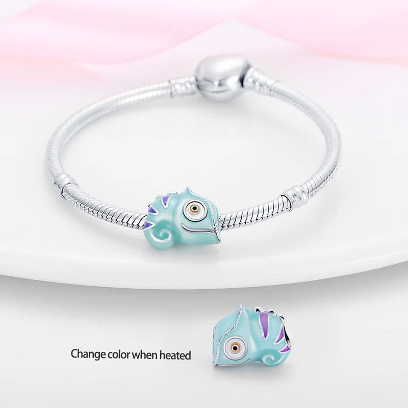 Colorful chameleon charm in sterling silver with intricate enamel work, compatible with Pandora bracelets.