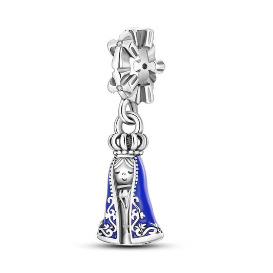 Sterling silver Virgin Mary charm with blue enamel robes and a crown, fits Pandora bracelets.