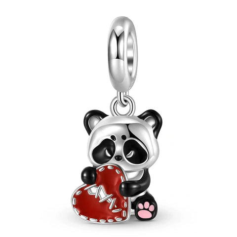 Panda Hugging Stitched Red Heart Dangle Charm - Panda Hugging Stitched Red Heart Dangle Charm