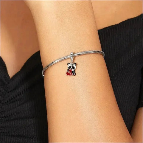 Panda Hugging Stitched Red Heart Dangle Charm - Panda Hugging Stitched Red Heart Dangle Charm