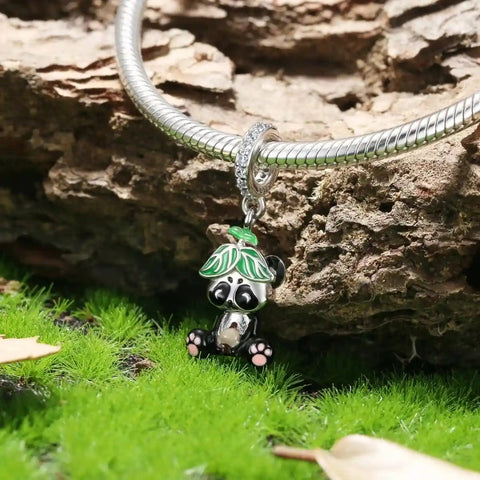 Panda with Leaf Hat Dangle Charm - Panda with Leaf Hat Dangle Charm