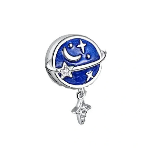 Shimmering Crescent Moon and Stars Charm with Blue Enamel - Sterling silver charm featuring a crescent moon and stars set against a deep blue enamel background, symbolizing the beauty of the night sky.