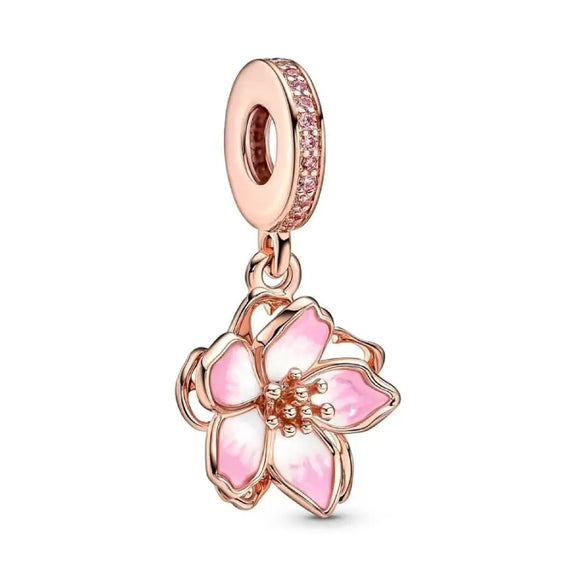 Cherry Blossom Dangle Charm - Pandora Rose - Rose gold flower charm with pink petals, perfect for adding spbandtime beauty to a pandora cherry.