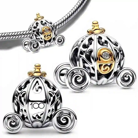 Cinderella’s Carriage Charm with Gold Details and 100th Anniversary Mark - Sterling silver Cinderella carriage charm with gold accents and 100th anniversary engraving.