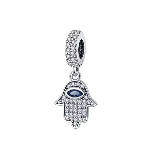Sterling Silver Evil Eye Charm with Pave Crystals - Sterling silver evil eye charm with pave crystals and a central blue stone, symbolizing protection and adding sparkle to charm bracelets.