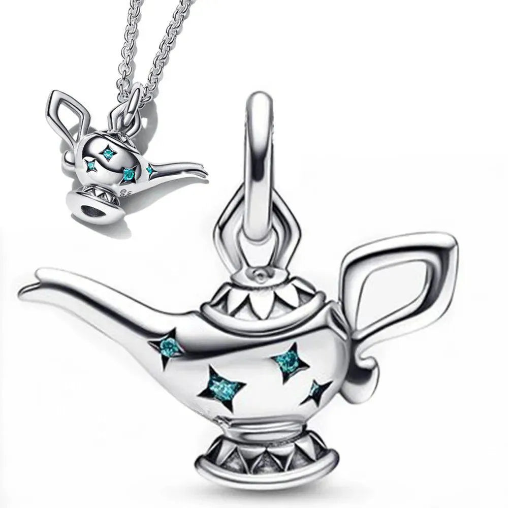 Pandora Genie Lamp charm with teal accents in sterling silver.