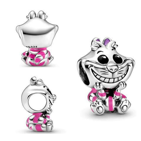 Sterling silver Cheshire Cat charm with pink enamel stripes, fitting Pandora bracelets