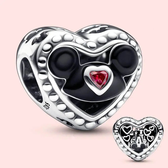 Disney- Mickey and Disney Castle Heart Charm - Sterling silver heart charm with Mickey Mouse silhouette, red gem, and castle detail.