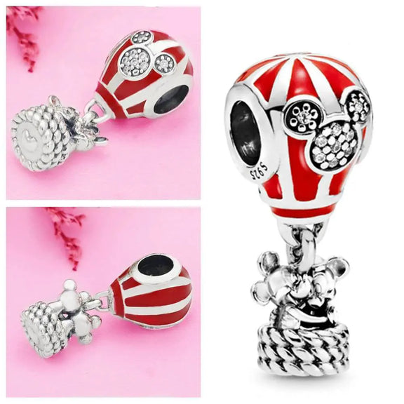 Hot Air Balloon Mickey Charm with Red Enamel Details - Sterling silver hot air balloon charm with Mickey details and red enamel accents.