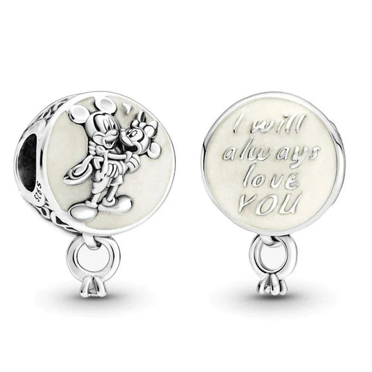 Sterling silver Mickey and Minnie love charm with an engraved "I will always love you."