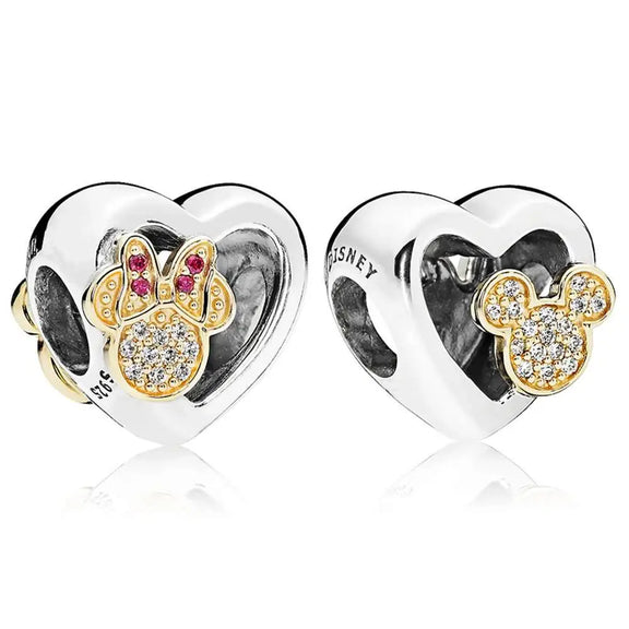 Delightful Minnie Mouse Heart Charm with Gold Accents - Pandora charm with Mickey and Minnie and "I will always love you" inscription.