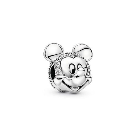 Mickey Mouse Pavé Head Charm with Clear Stones - Sterling silver Mickey Mouse charm with clear pavé stones.