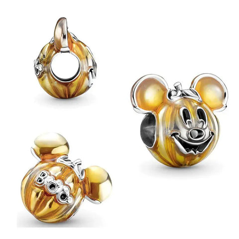 Sterling silver Mickey Mouse pumpkin charm with warm enamel finish and "Boo" engraving.