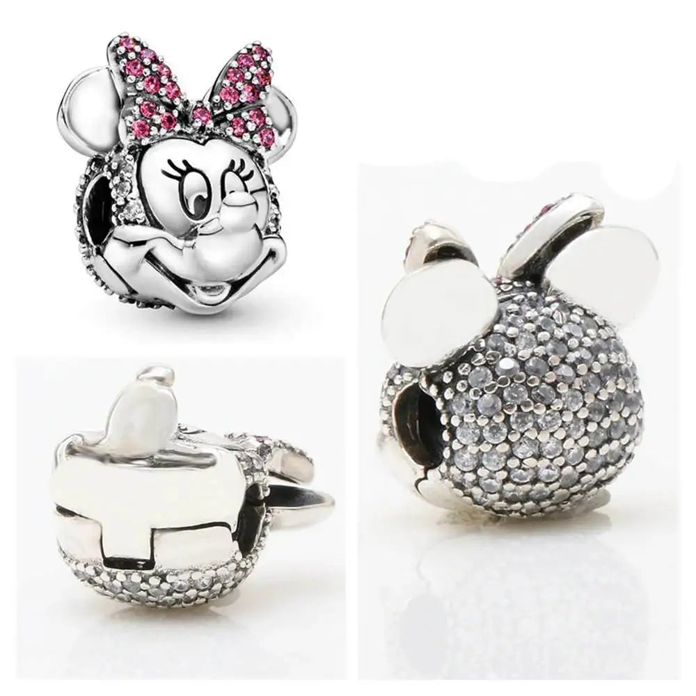 Minnie Mouse charm in sterling silver with pink crystal bow for charm bracelets.