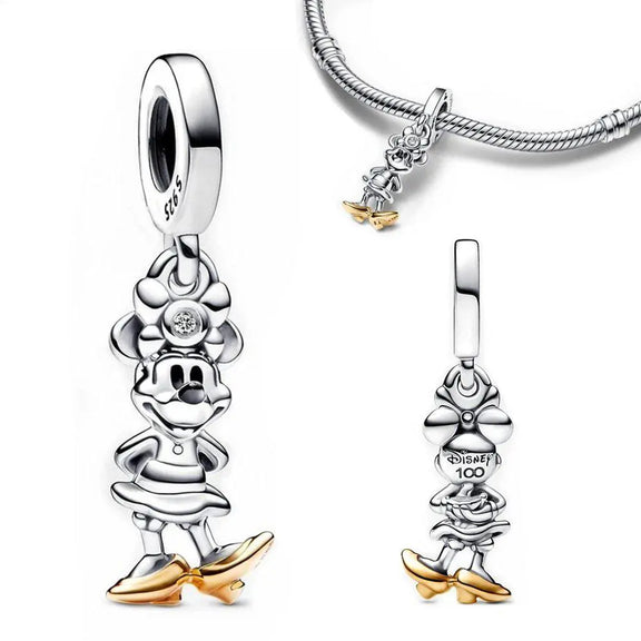 Elegant Minnie Mouse Drop Charm with Golden Heels - Pandora Minnie Mouse heart-shaped charm with gold accents and pink gemstone bow.