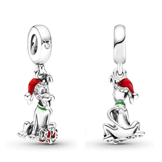 Pandora Pluto charm with a Santa hat and gift in red enamel.