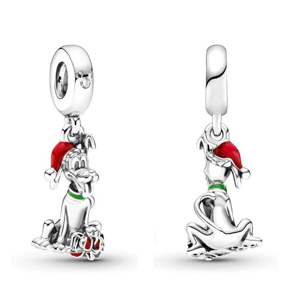 Pluto Christmas Charm with Santa Hat and Gift - Pandora Pluto charm with a Santa hat and gift in red enamel.