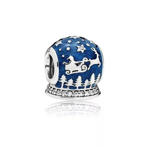 Santa's Sleigh Charm with Blue Enamel and Sterling Silver - Sterling silver charm with blue enamel depicting Santa's sleigh flying through the stars for a festive holiday design.