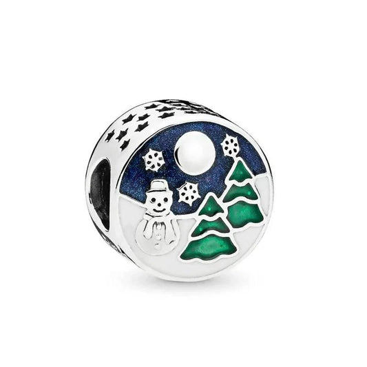 Sterling silver charm featuring a snowman, Christmas trees, and snowflakes with colorful enamel for a festive holiday design.