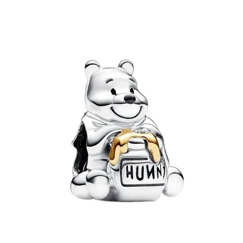 Winnie the Pooh Honey Pot Silver Charm - Silver Pandora charm featuring Winnie the Pooh with a honey pot and gold accents.