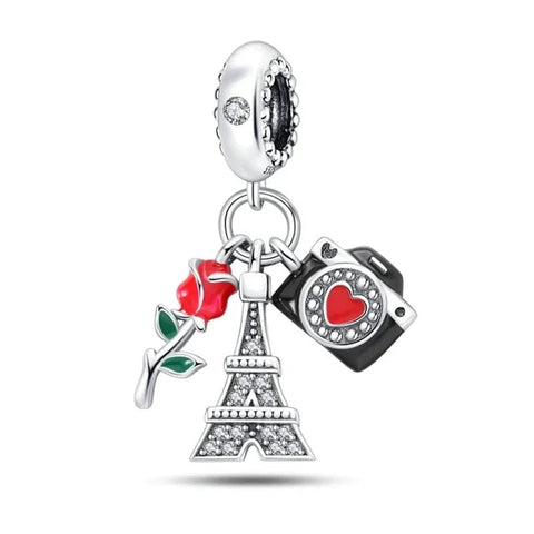 Paris Eiffel Tower Camera and Rose Dangle Charm - Paris Eiffel Tower Camera and Rose Dangle Charm