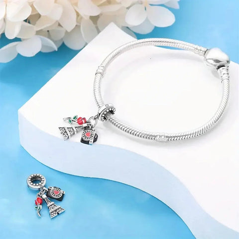 Paris Eiffel Tower Camera and Rose Dangle Charm - Paris Eiffel Tower Camera and Rose Dangle Charm