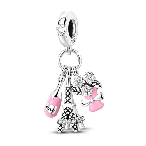 Paris Love Charm - Silver Eiffel Tower charm with pink enamel and roses.