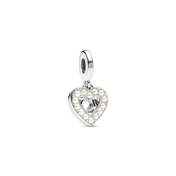 Pearlescent White Heart Double Dangle Charm - Elegant pearlescent white heart dangle, perfect for a loving touch.