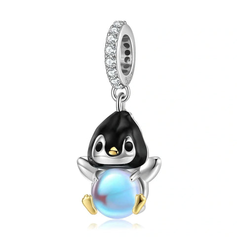 jewlouli penguin with a glowing blue sphere dangle pandora charm jewelry fits pandora bracelet