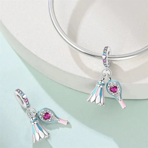 Pink Badminton Racket & Shuttlecock Dangle Charm - Pink Badminton Racket & Shuttlecock Dangle Charm