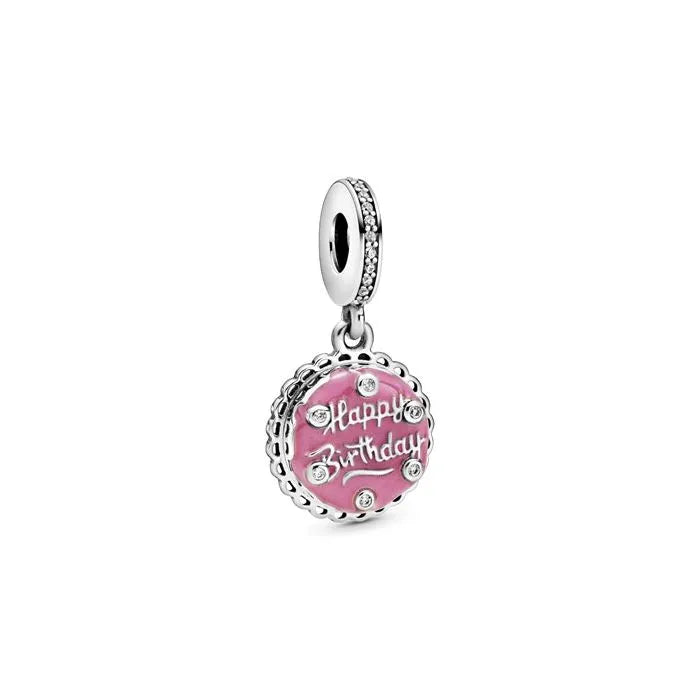 Pink Birthday Cake Dangle Charm - Celebratory pink birthday cake charm, ideal for birthday-themed jewelry.