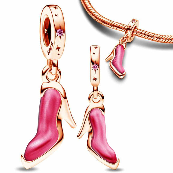 Pink Boot Charm in Rose Gold with Crystal Accents - Pink Boot Charm in rose gold with pink enamel and crystal accents, perfect for adding a touch of fashion and fun to your charm bracelet.