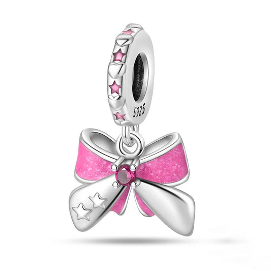 A cute pink bow charm, perfect for adding sweetness to your bracelet collection.