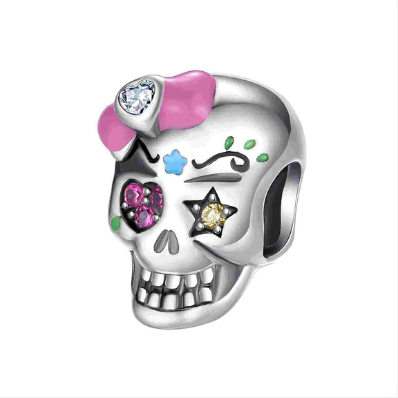 Skull Charm with Pink Bow and Star Embellishment for Unique Style - Skull charm with pink bow and star decorations, perfect for adding a fun and edgy element to jewelry.