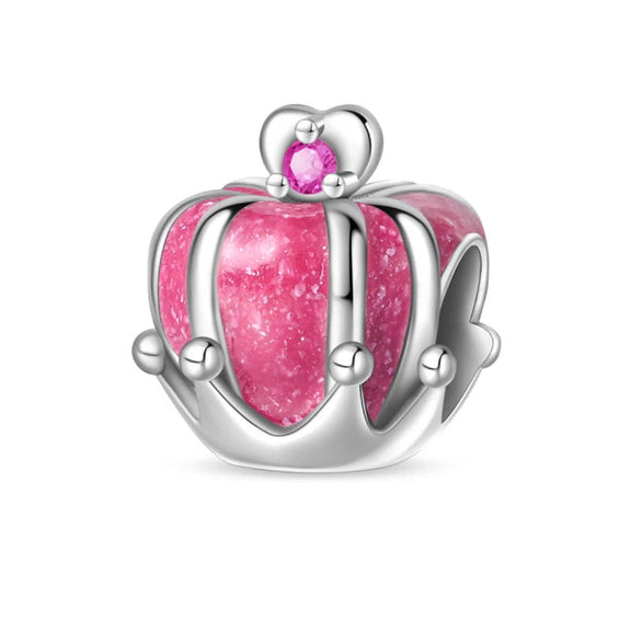 Pink Crown Charm with Heart Gemstone and Elegant Silver Design - Pink crown charm with a heart gemstone, adding a royal touch to charm collections.