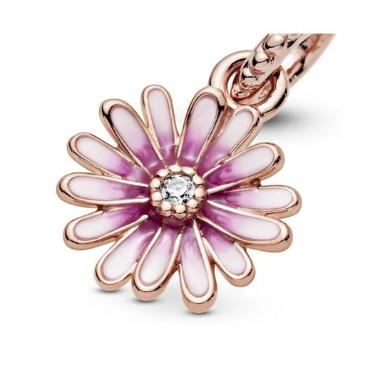 Pink Daisy Flower Dangle Charm Pandora Rose - Elegant pink daisy dangle charm, adding floral beauty to bracelets.