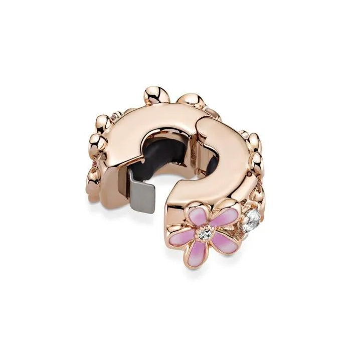 Pink Daisy Spacer Clip Pandora Rose - Pandora Rose spacer clip with pink daisy, perfect for spring-themed bracelets.